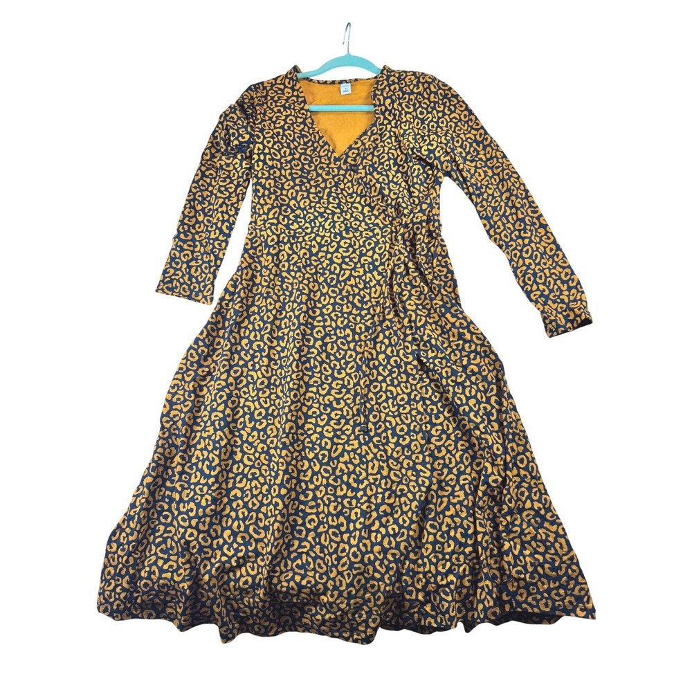 Old Navy Midi Dress M Yellow Black Animal Print Long Sleeve wrap style waist
